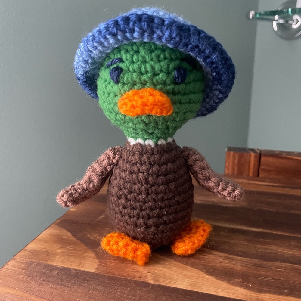 Handmade Crochet Duck Stuffed Animal - Green, Blue, Brown